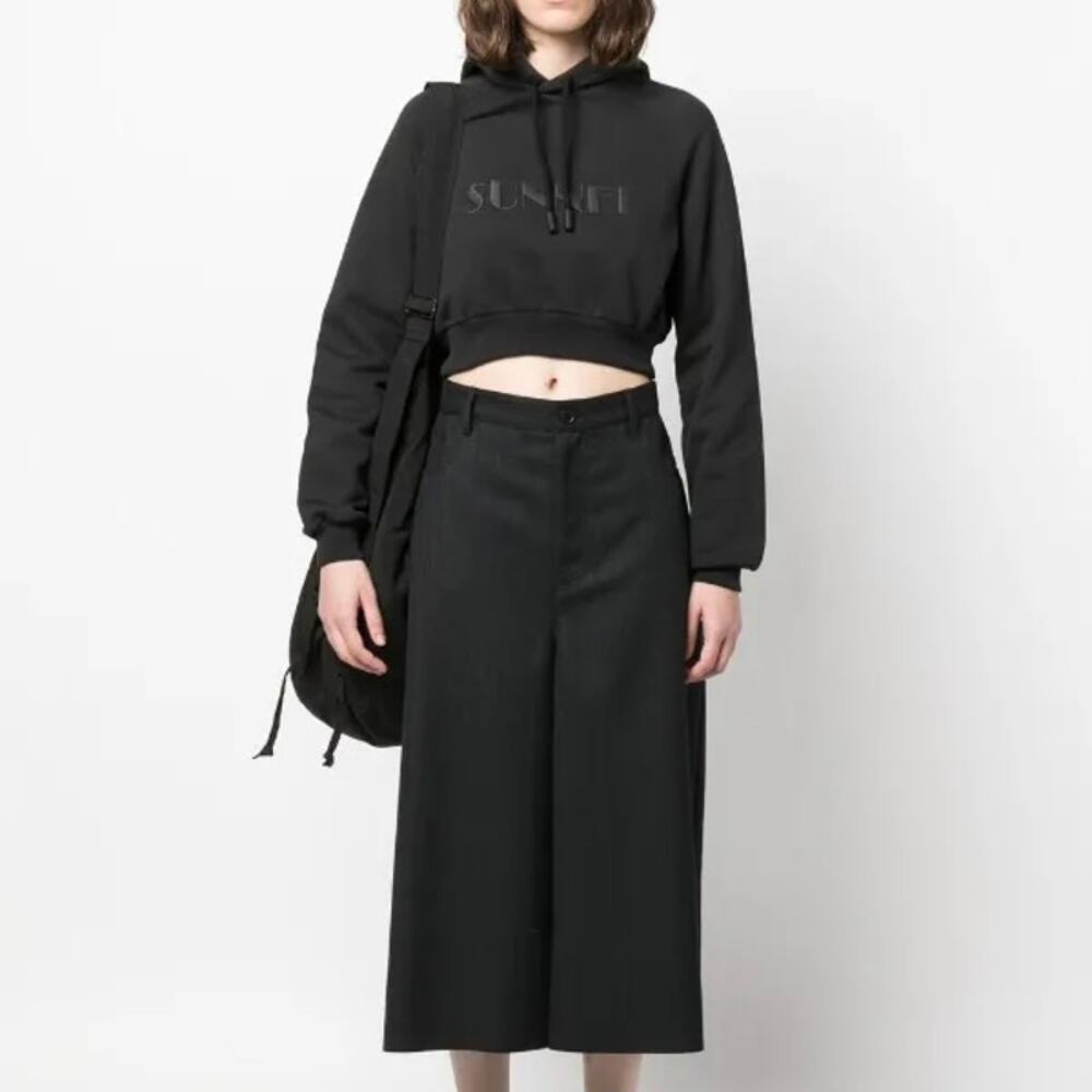 Sunnei Cropped Hoodie Black XS Designer Embroidered Logo Streetwear Avant-Garde